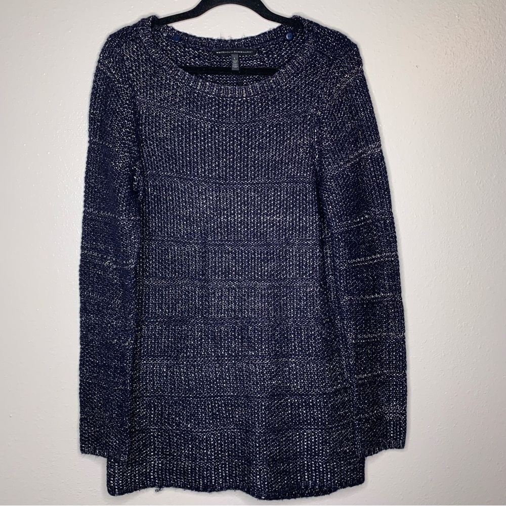 White House Black Market Womens Knit Sweater Crewneck Pullover Blue Metallic L